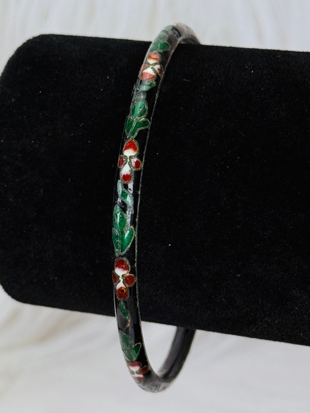 Vintage Floral Enamel Black Bangle Stacking Bracelet